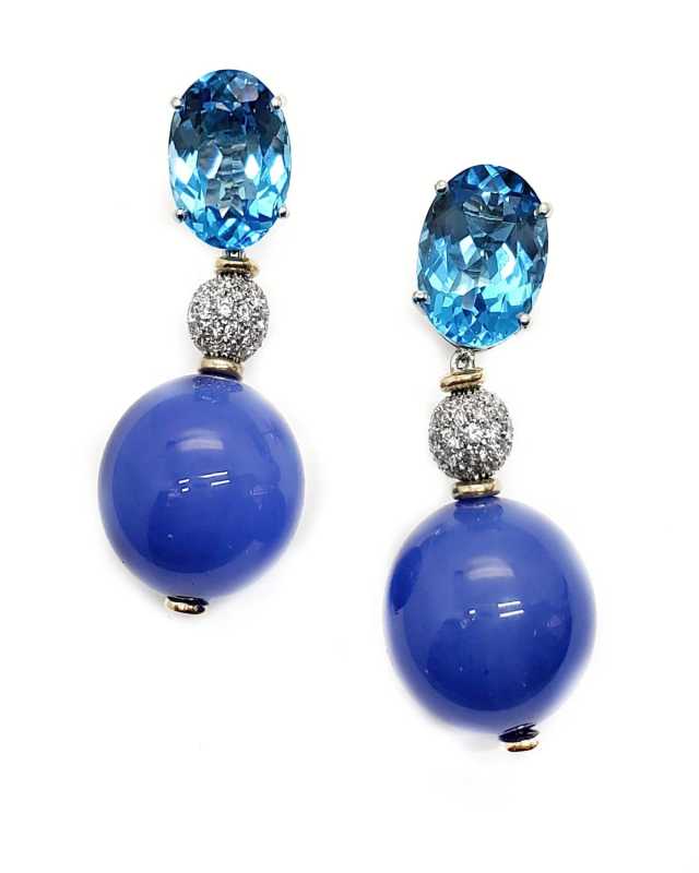 18K Gold Blue Topaz and Chalcedony Drop Earrings with Diamonds